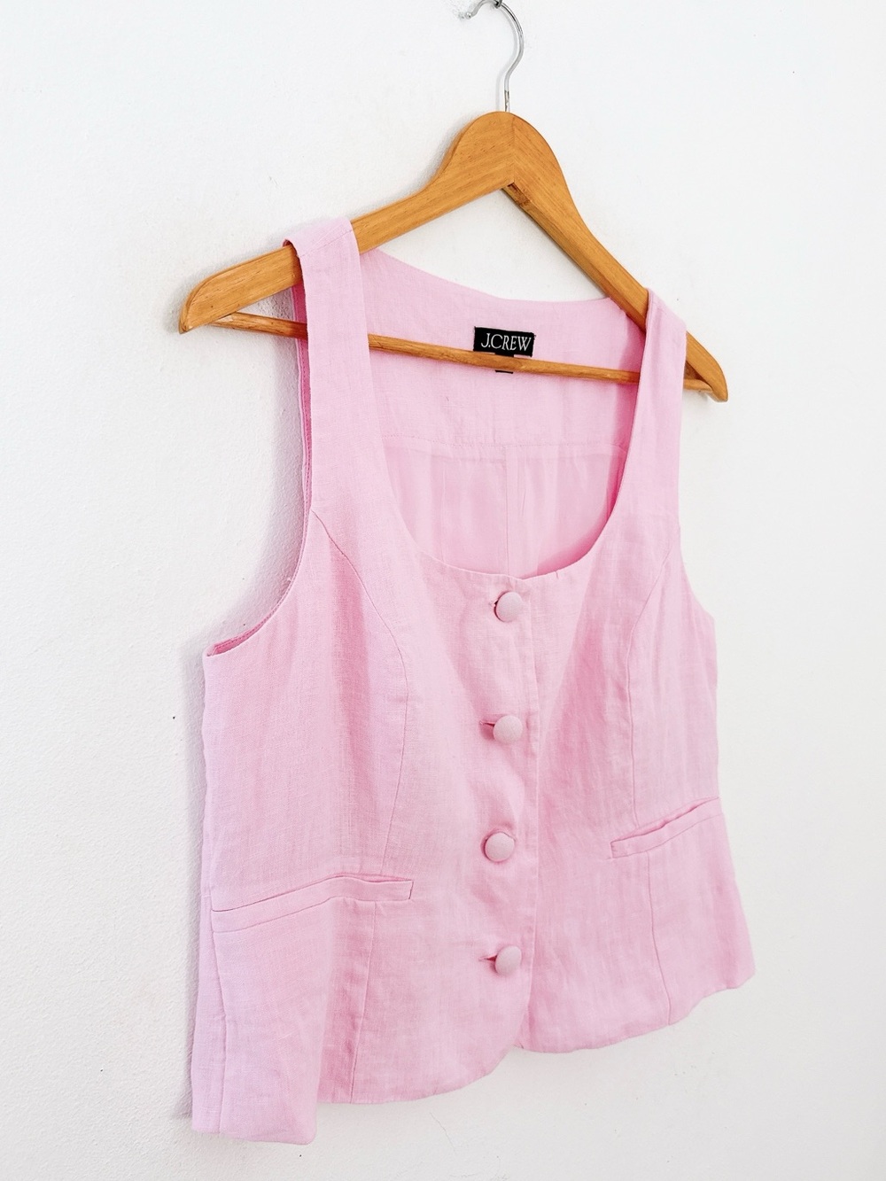 J. Crew Linen Vest Tank Light Pink Sleeveless Button-Front Crop Top - Picture 3 of 9
